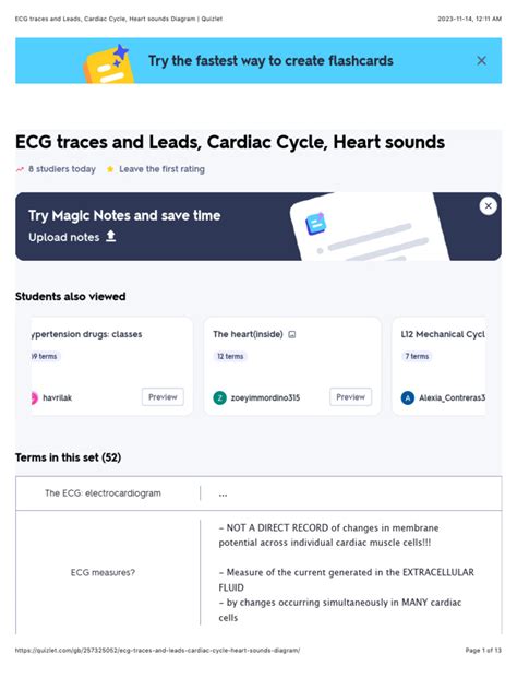 ECG Traces and Leads, Cardiac Cycle, Heart Sounds Diagram - Quizlet ...