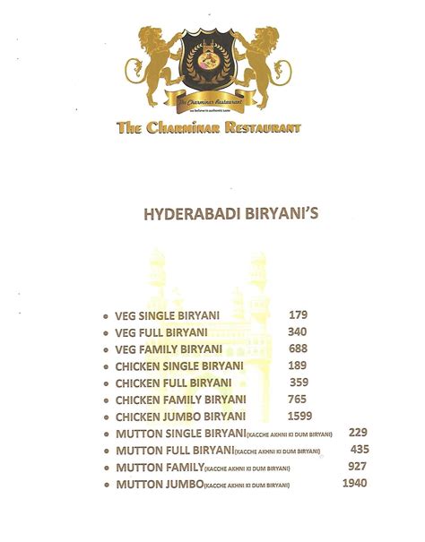 The Charminar Restaurant Menu, Menu for The Charminar Restaurant, Golf ...