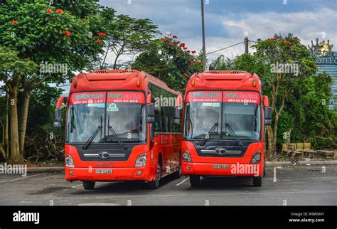 Dalat, Vietnam - Nov 13, 2018. Group of Phuong Trang buses wait to new ...