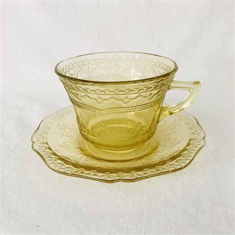 Depression glass Yellow Madrid Pattern tea cup and saucer farmhouse ...