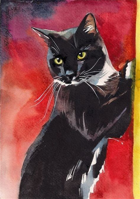 Tuxedo cat with yellow eyes by Yuliya Podlinnova | Black cat art ...