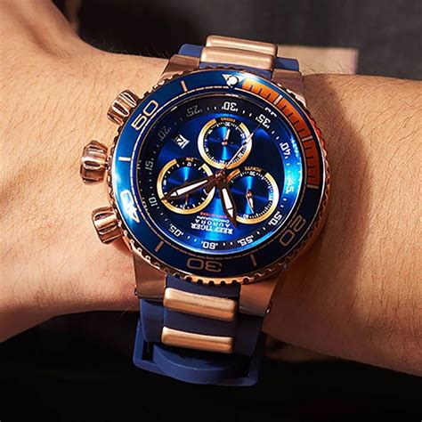 Reef Tiger Luxury Blue Sport Watch for Men Rose Gold Waterproof Watch ...