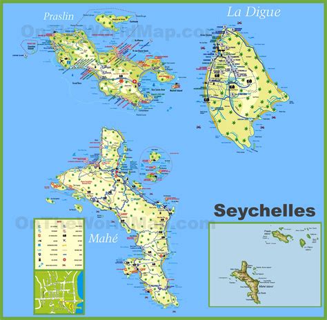 Large detailed tourist map of Seychelles with hotels - Ontheworldmap.com