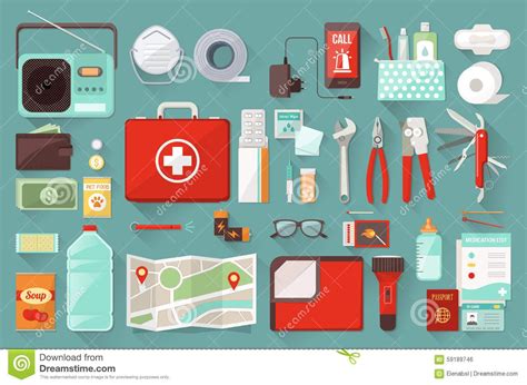 Survival Kit Stock Vector - Image: 59189746 | Emergency preparedness ...