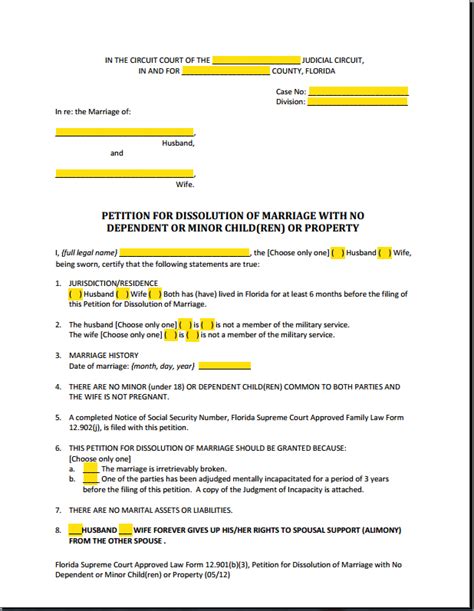 Form 12.901b3 Petition Dissolution of Marriage No Children or Property ...