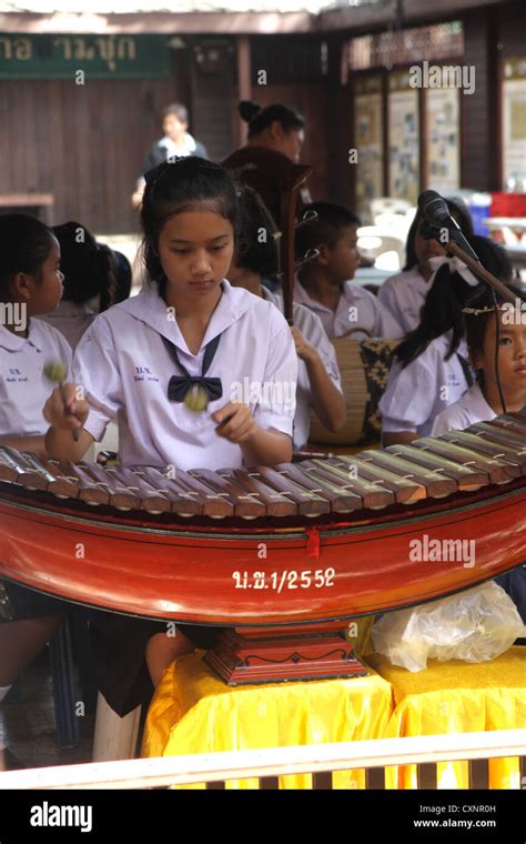 Thai student performing Ranat Ek (traditional Thai xylophone Stock ...