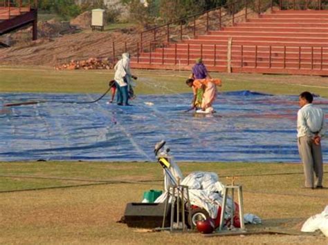 A view of the pavilion of the Tau Devi Lal Cricket Stadium ...