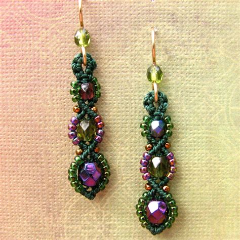 Macrame Earrings Beaded Earrings Beadwork Purple and Green