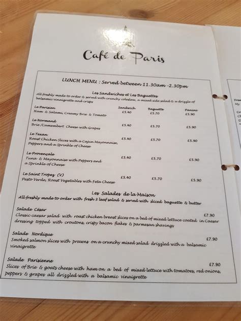 Menu at Café De Paris cafe, Nantwich