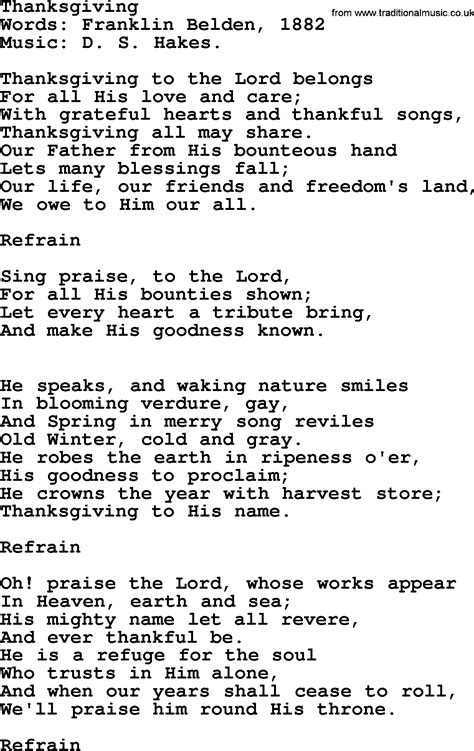 Thanksgiving and Harvest Hymns & Songs: Thanksgiving - lyrics, and PDF