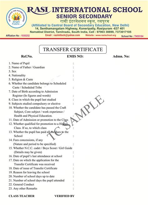 Transfer Certificate (TC) Sample – RASI INTERNATIONAL SCHOOL