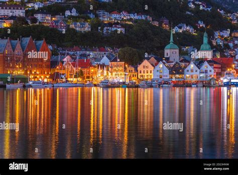 Architecture of Bergen at night. Bergen, Western Norway, Norway Stock ...