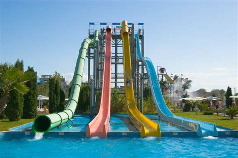 Water slides in aqua park stock image. Image of leisure - 10193413