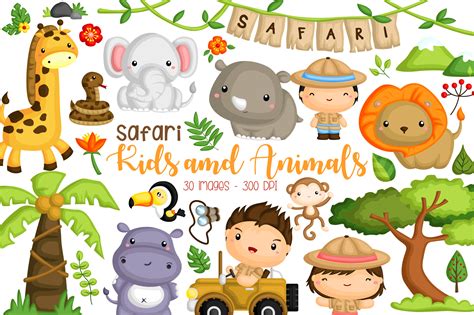 Jungle Safari Kids and Animal Clipart Graphic by Inkley Studio ...