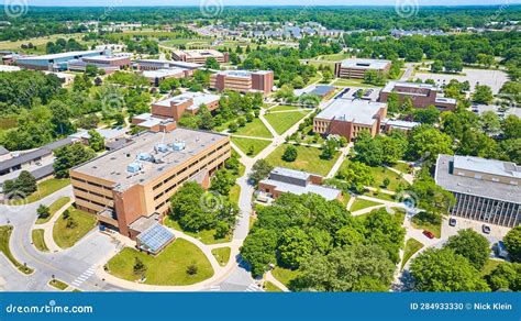 Aerial Bright Summer Day Over PFW Campus Buildings and College Dorms ...