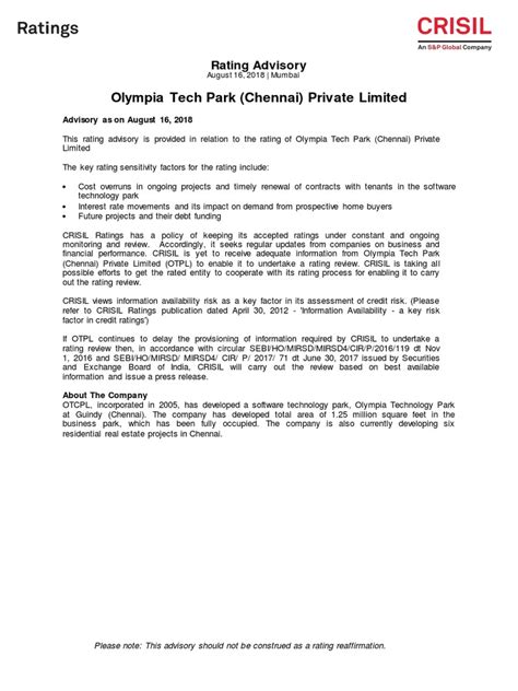 Olympia Tech Park (Chennai) Private Limited: Rating Advisory | PDF ...