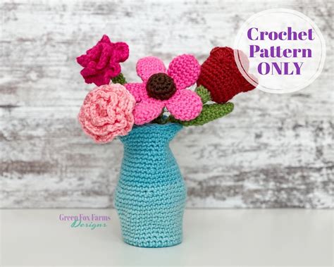 Flowers Crochet Pattern, Amigrumi Pattern Flowers and Vase, Crochet ...