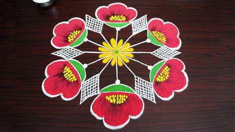 Simple and easy flower rangoli design with 9x5 middle dots - kolam ...