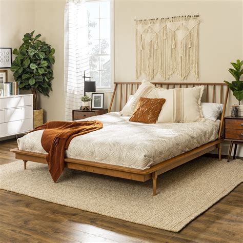 King Mid Century Modern Solid Wood Spindle Platform Bed – English Elm