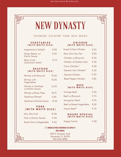 Menu at New Dynasty Restaurant, Sarasota, S Tamiami Trail