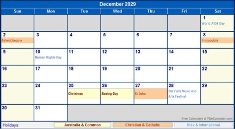 December 2029 Australia Calendar with Holidays for printing (image format)