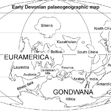 Paleogeographic location of the Cantabrian Mountains and Perunica ...