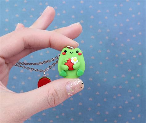 Goblincore Jewelry Frog With Strawberry Necklace Happy Green - Etsy