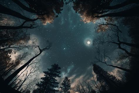 Mystical forest with full moon and stars in the night bright sky AI ...