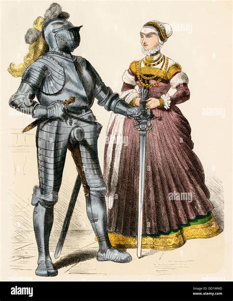 German knight and a lady of the late 1500s. Hand-colored print Stock ...