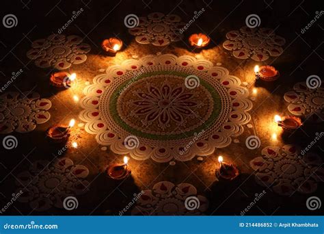 View of Rangoli with Diya`s Stock Photo - Image of festival, lamp ...