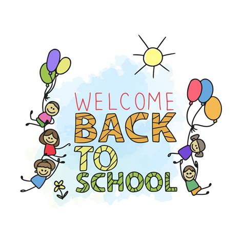 Welcome back to school, handwritten quotes, cute cartoon kids joyful ...