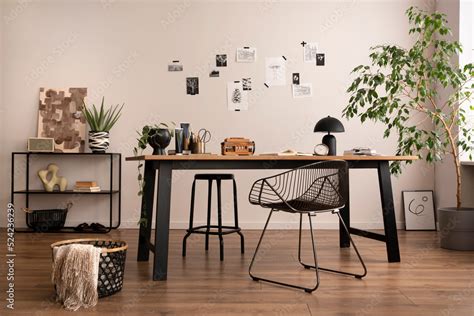 Aesthetic interior of home office interior with design chair, wooden ...