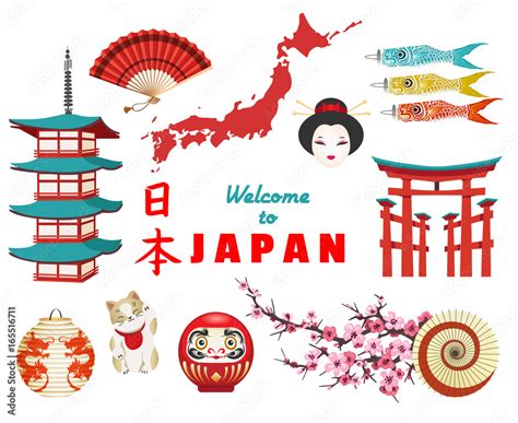 Japanese culture symbols isolated on white background. Vector daruma ...