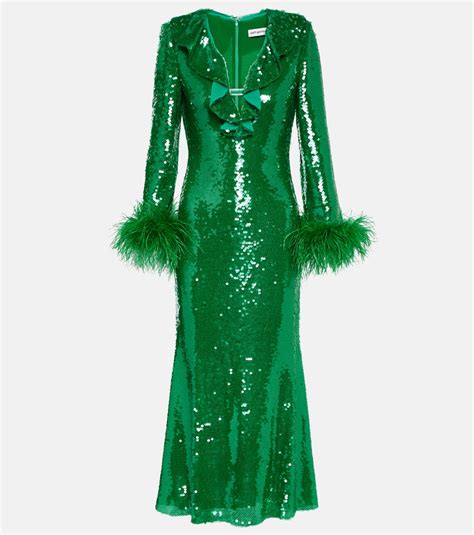 Feather-trimmed sequined midi dress in green - Self Portrait | Mytheresa