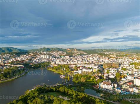 Aerial view of a Da Lat City with development buildings, transportation ...