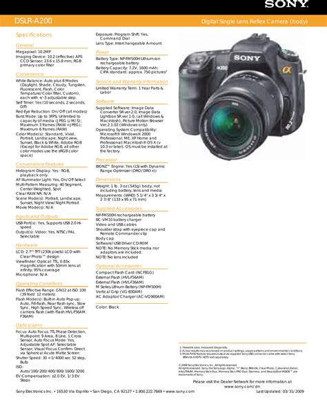 Sony DSLR A200 User Manual Marketing Specifications (DSLR A200 ...