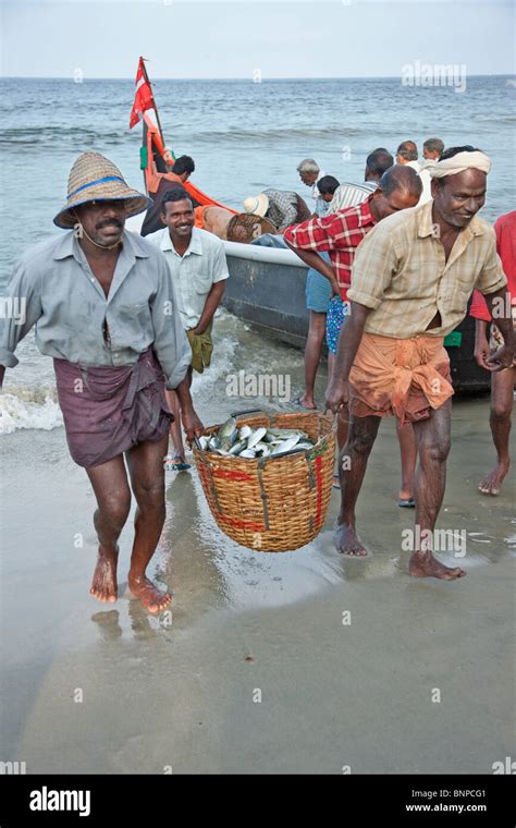 Fisherman returning from sea with their daily catch of fish in a wicker ...