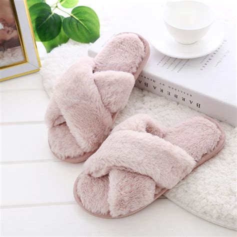 Womens Fuzzy Slippers Cross Band Ladies Slippers