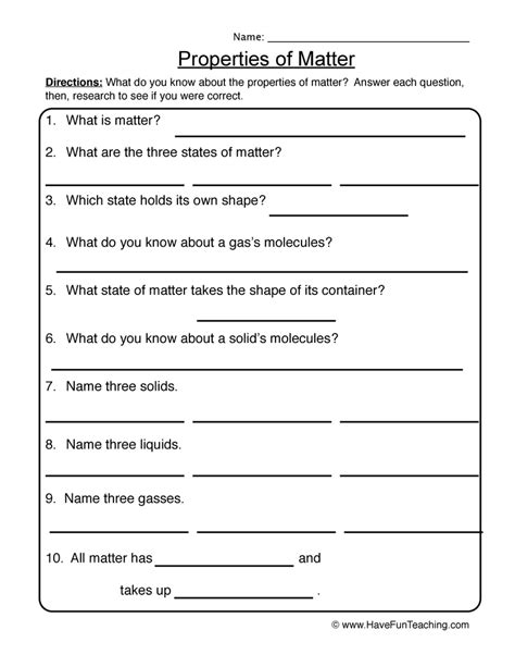 Properties Of Matter Worksheets