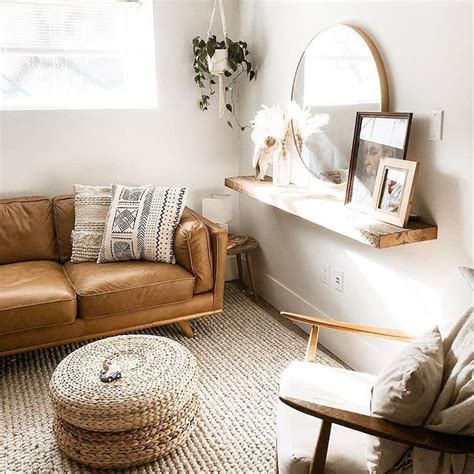 bohemian brown leather couch and round mirror on w #Bohemian #Brown # ...