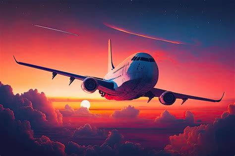 Premium Photo | Airplane in the sky at sunrise or sunset