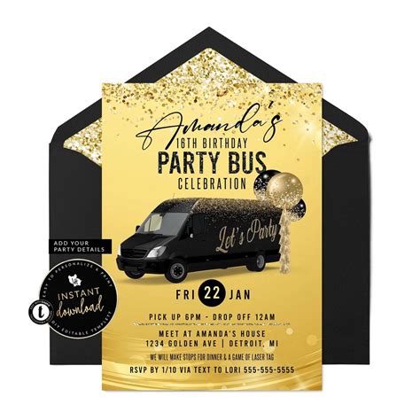 Party Bus Invitation, Party Bus Birthday Invitation, Black and Gold ...