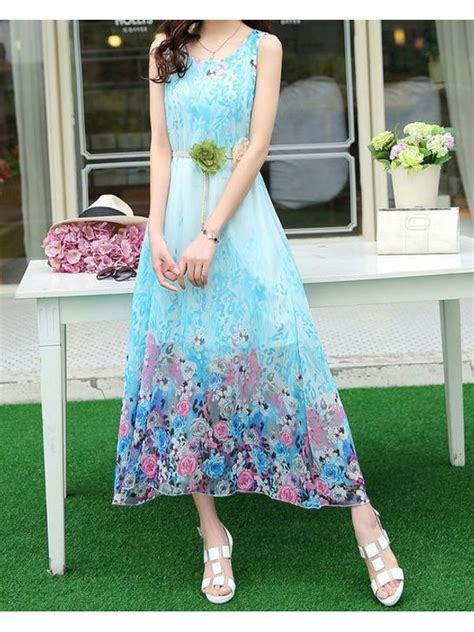 Refreshing Pastel Color Floral Long Dress | Ssw7nzk050628