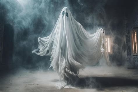 Human in spooky ghosts costume flying inside the old house or forest at ...