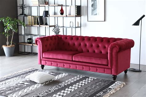 Hugo 3 Seater Chesterfield Sofa - Red Velvet Fabric | BedandBasics