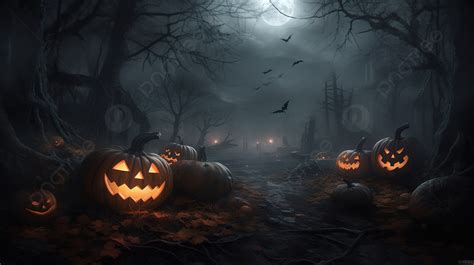 Halloween Pumpkins In The Dark Woods Background, Spooky Scary Halloween ...