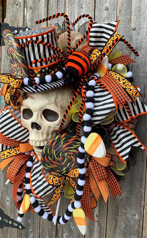 Halloween Wreath, Candy Corn Wreath, Candy Corn Skull Wreath, Halloween ...