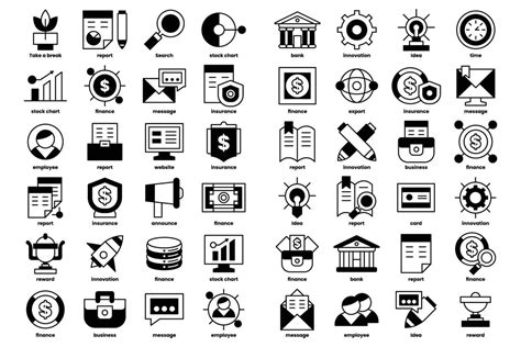 A collection of black and white icons for various financial services ...