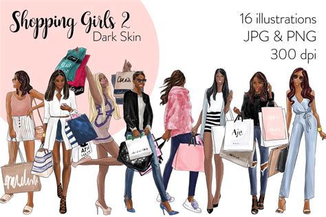 Watercolor Fashion Clipart - Shopping Girls 2 - Dark Skin By Parinaz ...