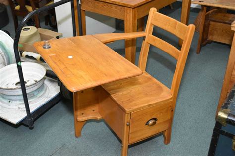 Child's vintage school desk with shelf below set and glass inkwell